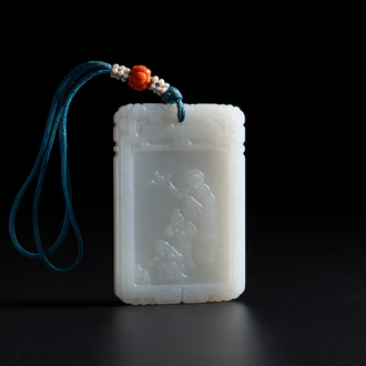 A Chinese white jade Zigang-style plaque, 19/20th C.