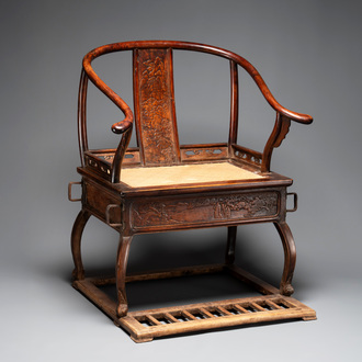 A rare and exceptional Chinese huanghuali sedan chair, Jianyu 肩輿, signed Zhang Dai 張岱, 17th C.