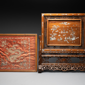 A Vietnamese mother-of-pearl-inlaid wooden 'fishermen' table screen and an embroidered silk 'dragon' panel, 19th C.