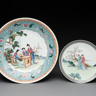 Two Chinese famille rose plates with figural design, Qianlong mark, 20th C.