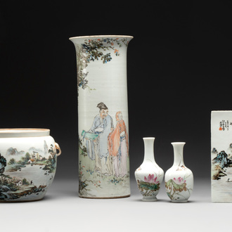 Five Chinese qianjiang cai wares , signed Wang Shaowei 王少維, Cheng Xingsheng 程興盛, Wang Xiaoting 汪小亭, 19/20th C.