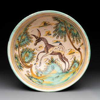 A large polychrome Talavera pottery 'leaping gazelle' bowl, Spain, 18th C.