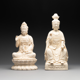 Two Chinese Dehua blanc de Chine sculptures of Guanyin, He Chaozong 何朝宗 marks, 20th C.