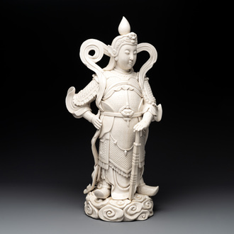 A large Chinese Dehua blanc de Chine figure of Weituo, He Chaozong 何朝宗 and Dehua 德化 mark, 20th C.