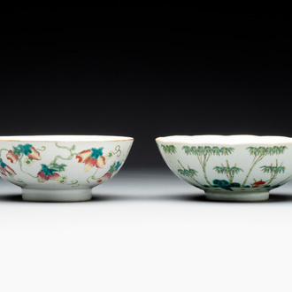 Two Chinese famille rose 'bamboo' and 'bitter gourd' bowls, Tongzhi mark and of the period