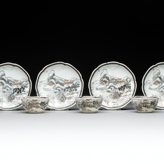 A set of four Chinese gilt-decorated grisaille 'landscape' cups and saucers, Yongzheng/Qianlong