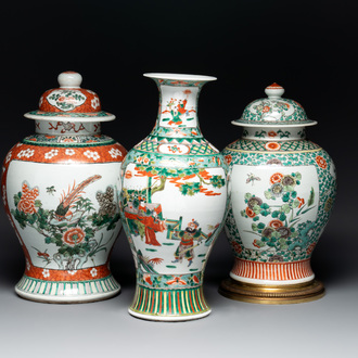 A Chinese famille verte vase and two covered vases, 19th C.