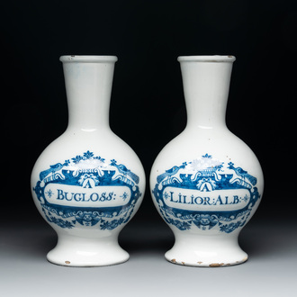 A fine pair of blue and white Dutch Delft pharmacy bottles, 18th C.