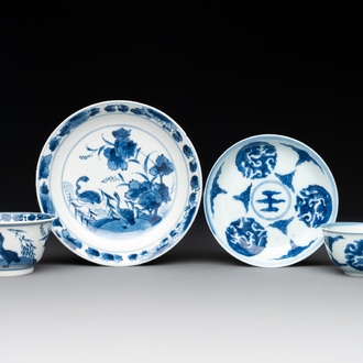 Two Chinese blue and white cups and saucers, Kangxi/Yongzheng