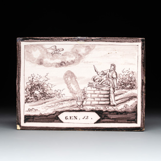 A manganese Dutch Delft 'Sacrifice of Isaac' plaque, Utrecht, 19th C.