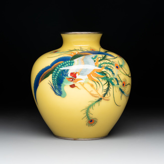 A Japanese yellow-ground cloisonné 'phoenix' vase, Meiji/Taisho, 19/20th C.