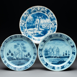 Three blue and white Delftware 'biblical subject' plates, Delft and Nurenberg, 18th C.