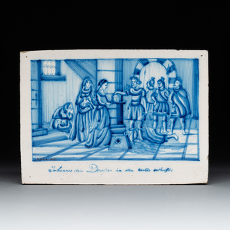 A blue and white Dutch Delft 'Salomé with the Head of St. John the Baptist' plaque, signed J.J. v. Luyn, Utrecht, 19th C.