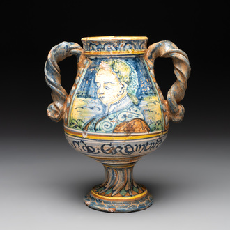An Italian maiolica rope twist handle drug jar, probably Southern Italy, late 16th C.