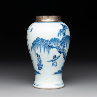 A Chinese silver-mounted blue and white vase, Qing Wan Ya Zhi 清玩雅製 mark, Kangxi