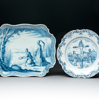 Two blue and white Dutch Delft 'biblical subject' dishes, 18th C.