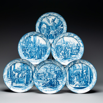 A set of six fine blue and white Dutch Delftware 'The Way of the Cross' plates, Rotterdam, ca. 1740-1750