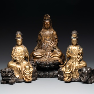 A Chinese parcel-gilt bronze Guanyin and a pair of Bodhisattvas, 20th C.