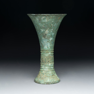 A Chinese archaic bronze ritual wine vessel, 'gu 觚', Shang