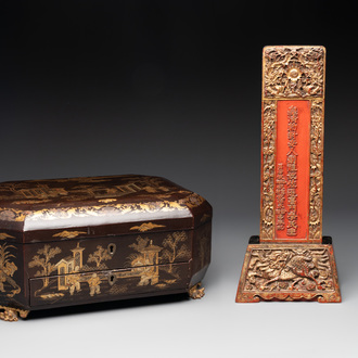 A Chinese Canton gilt-lacquered casket and an ancestral tablet of paiwei 牌位, 19th C.