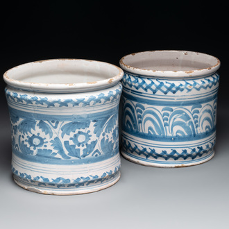 Two blue and white Dutch Delftware albarelli, Northern Netherlands, 17th C.