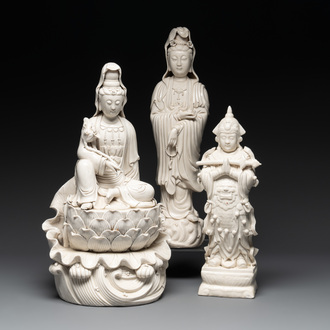 Three Chinese Dehua blanc de Chine figures of Guanyin and Weituo, He Chaozong 何朝宗 and Dehua 德化 mark, 20th C.