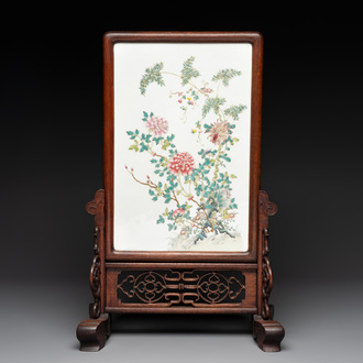 A Chinese wooden table screen with a famille rose plaque, Republic