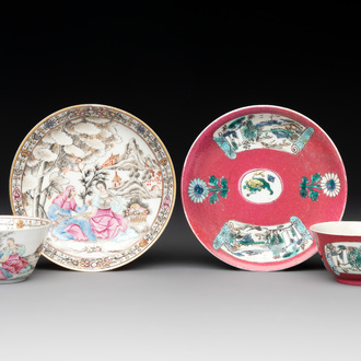 A Chinese famille rose 'erotic' cup and saucer and a ruby-ground 'landscape' cup and saucer, 18th C.