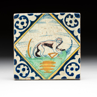 A polychrome Dutch Delft maiolica 'monkey' diamond tile, late 16th C.