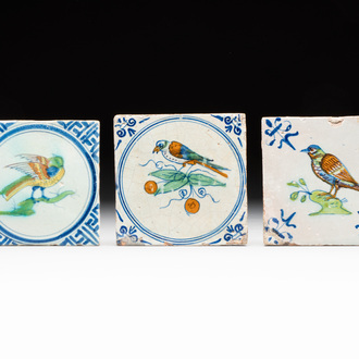 Three polychrome Dutch Delft and Haarlem 'bird' tiles, 17th C.