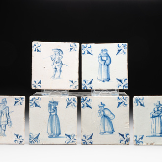Six blue and white Dutch Delft 'figure' tiles, 17th C.