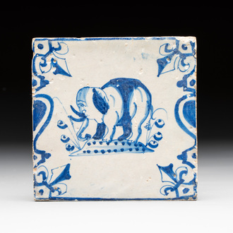 A blue and white Dutch Delft 'elephant' 'candelabra' tile, 17th C.