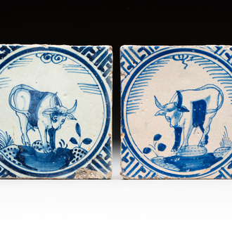 Two blue and white Dutch Delft 'crown' 'oxen' tiles, Rotterdam, early 17th C.