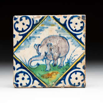 A polychrome Dutch Delft maiolica 'elephant' diamond tile, late 16th C.