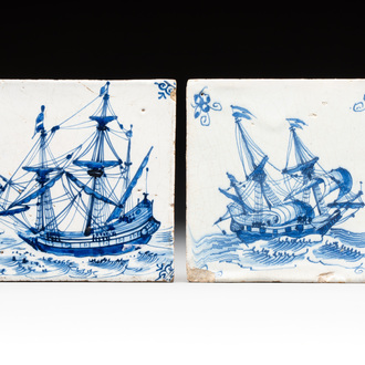 Two blue and white Dutch Delft 'ships' tiles, Harlingen, 17th C.