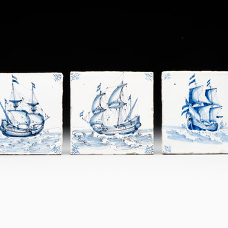 Three blue and white Dutch Delft 'ship' tiles, Harlingen, 17th C.