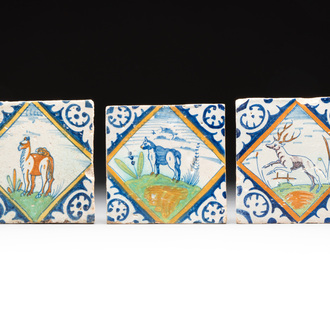 Three polychrome Dutch Delft 'animal' diamond tiles, 17th C.