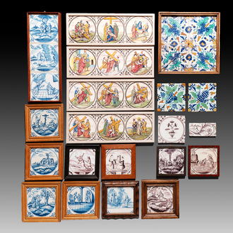 A collection of 33 blue and white, manganese and polychrome Dutch Delft tiles, 17th C. and later