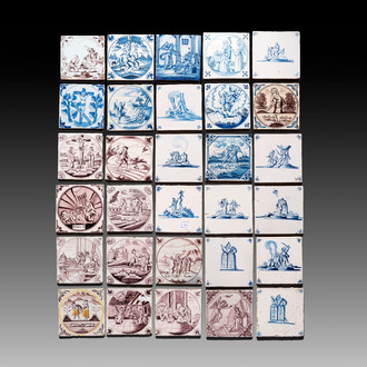 30 blue, white and manganese Dutch Delft 'biblical subject' tiles, 17/19th C.