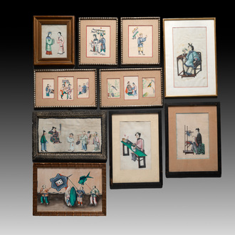 Ten frames with Chinese pith paper paintings depicting figures, Canton, 19th C.
