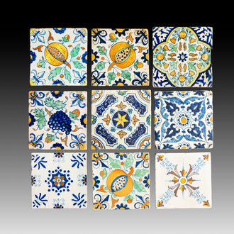Nine polychrome Dutch Delft ornamental tiles, early 17th C.