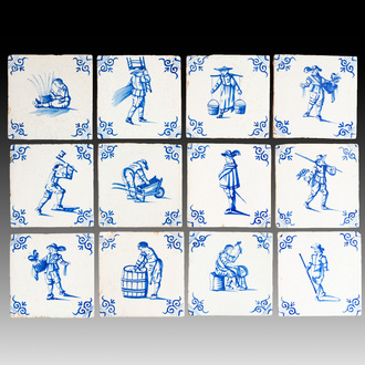 12 blue and white Dutch Delft 'crafts' tiles, 17th C.