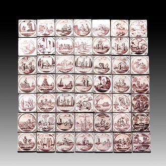 A collection of 49 manganese Dutch Delft 'biblical subject' tiles, 18th C.