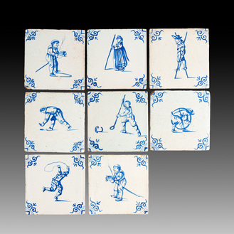 Eight blue and white Dutch Delft 'children's games' tiles, 17th C.
