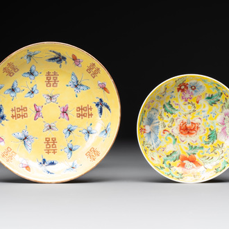 A Chinese famille rose yellow-ground 'butterfly' plate and a saucer with floral design, Guangxu mark, 19/20th C.