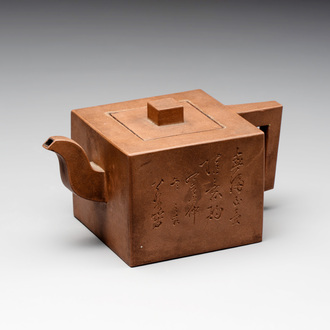 A Chinese Yixing stoneware teapot and cover, signed Hu Yaoting 胡耀庭, dated 1912