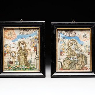 Two devotional collages with St. Anne and the Virgin Mary, aquarel and textile on paper, probably Antwerp, 18th C.