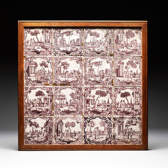 A field of 16 manganese Dutch Delft tiles, Rotterdam, 18th C.