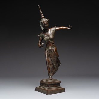 A large Vietnamese copper- and silver-inlaid bronze sculpture of a dancer, Bien Hoa school, early 20th C.