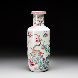 A Chinese famille rose 'pheasants and flowers' rouleau vase, 19th C.